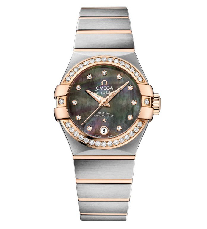 Upon the charming Tahitian mother-of-pearl dial, this diamonds bezel fake Omega watch specially sets a calendar at 6 o’clock position, providing more convenient time display.